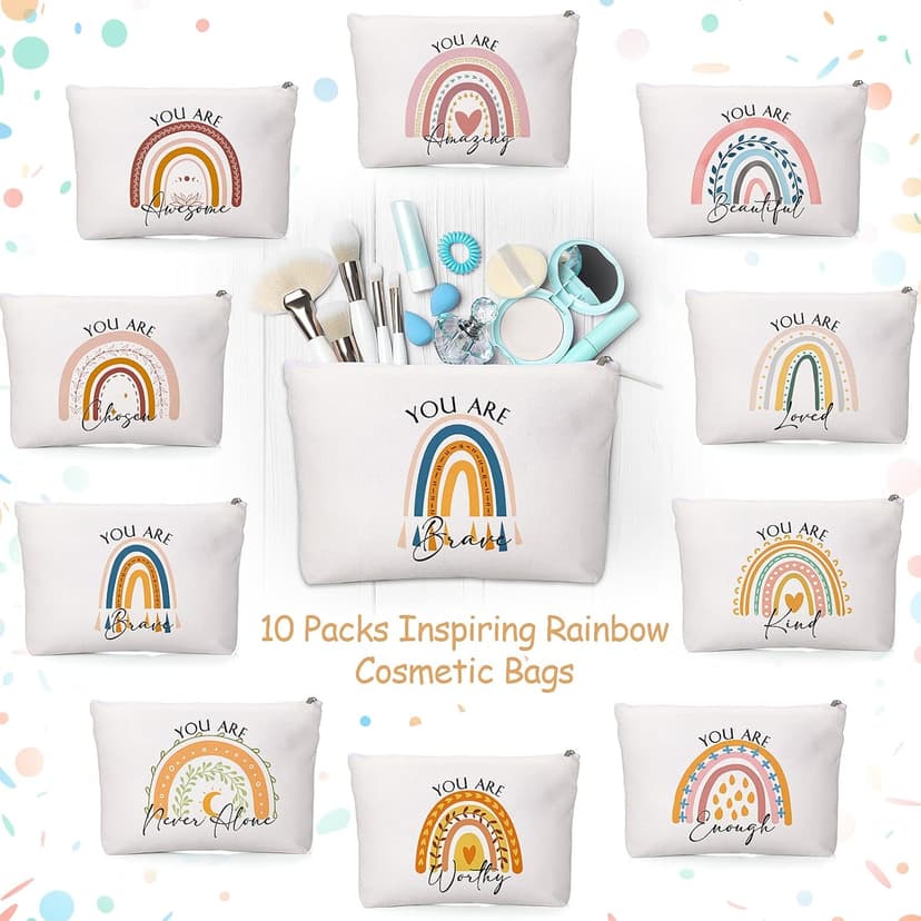 Coume 10 Pcs Rainbow Canvas Makeup Bags Bulk Inspirational Quotes Cosmetic Zipper Personalized Encouragement Travel Pouch Toiletry Bag for Women Girls Teacher Friend Birthday