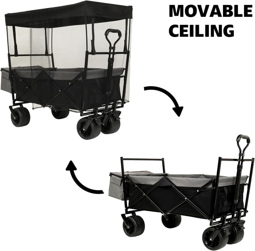 480Lbs Collapsible Wagon with Canopy Steel Black Large Capacity for Camping, Shopping, Sports, Garden Use Mosquito Net Outdoor-Ready