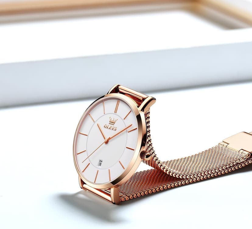 OLEVS Women's Watch Luxury Dress Rose Gold Women Slim Thin Lightweight Watch Stainless Steel Mesh Watches Fashion Waterproof Ladies Wrist Watch Black White Blue Face,Adjustable Bracelet