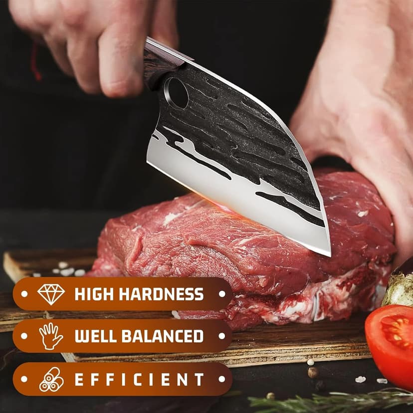 Heavy Duty Serbian Chef Knife for Meat & Bone Cutting, Full Tang Ergonomic Wood Handle, BBQ Camping Gift for Men & Dad Huusk Meat Cleaver Knife with Sheath, Hand Forged Chopping Butcher Knives B0BCVZGPVM