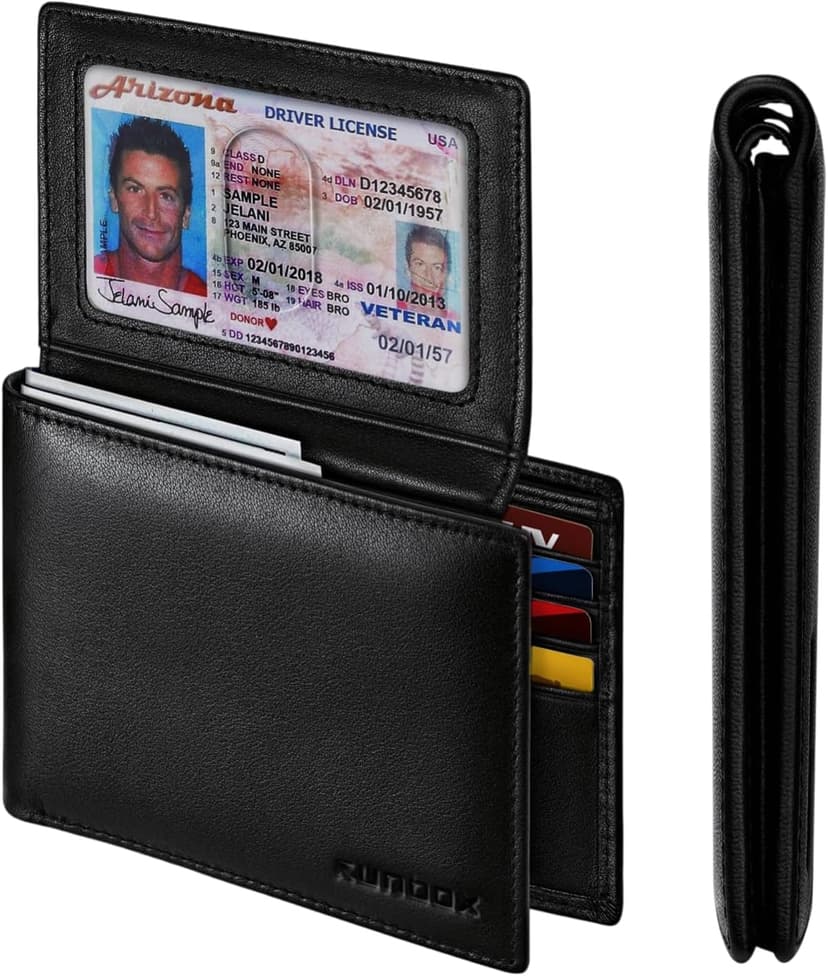 RUNBOX Genuine Leather Wallet for Men 12 Cards Mens Wallet Bifold Rfid Blocking with 2 ID Windows Card Holder Wallet with Gift Box