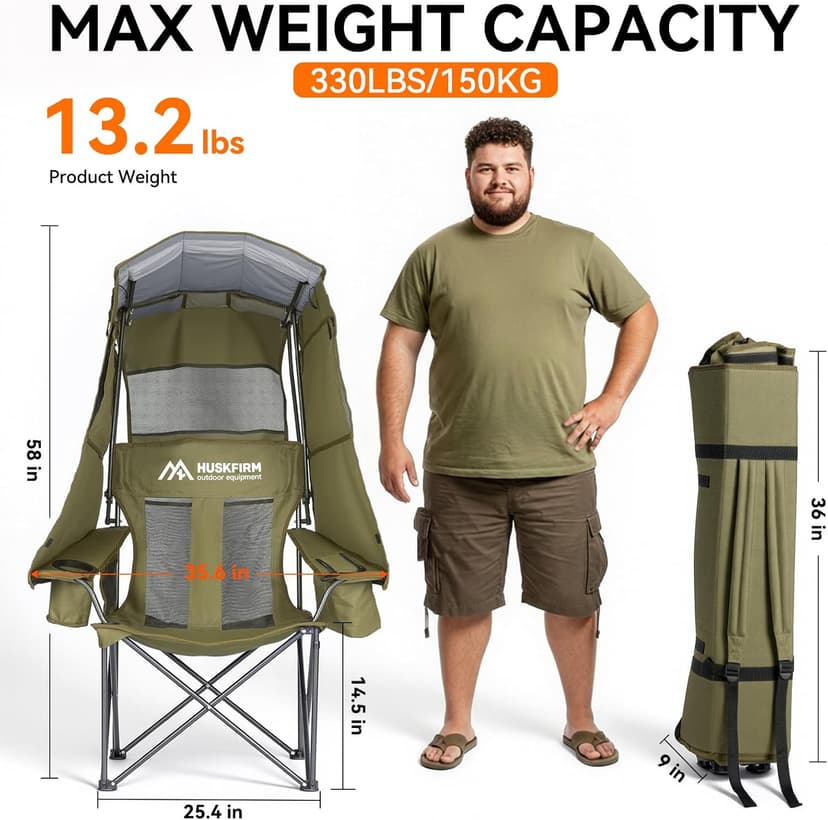 Huskfirm Camping Chair with Canopy Shade - Folding Beach Chair with UPF 50+ Sun Shade, Cup Holder, Side Pocket, Portable Sports Chair for Adults Support 330 LBS, Fishing Camp Outdoor Lawn Chair Green