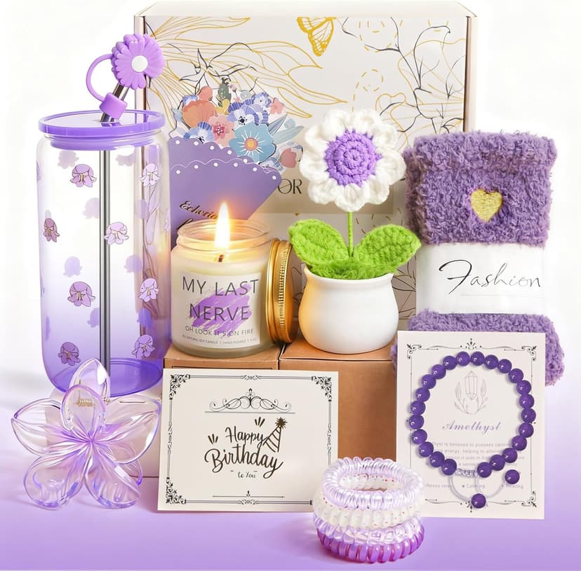 Birthday Gifts for Women Teen Girls, Unique Happy Birthday Gift Baskets for Her Mom, Thank You Self Care Get Well Box Set, Cute Teenage Cup Present for Mother Friend Sister Teacher Coworker (Purple) B0FRSG6VRQ
