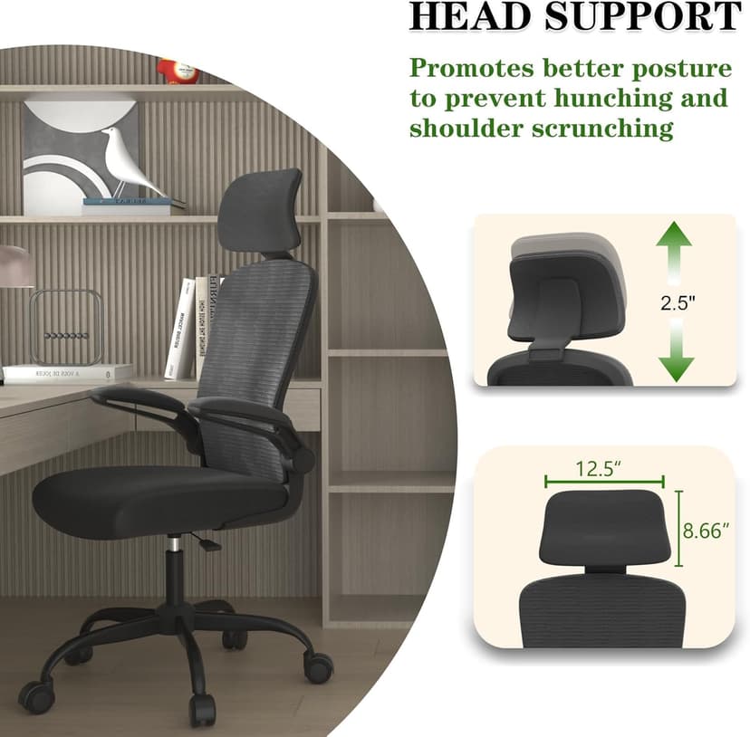 Ergonomic Office Chair for Long Hours Sitting – Back & Neck Pain Relief, Adjustable Lumbar Support & Headrest, High-Density Foam Seat, Ideal for Work & Home Office, Black