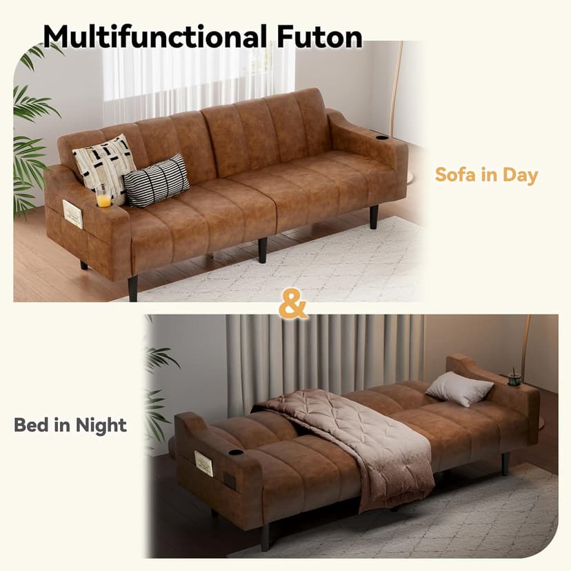 Brelice 80'' Leather Couch, Futon Sofa Bed, Faux Leather Couch with Adjustable Backrest, 2 Cup Holders & Side Pockets, Mid Century Modern Sofa for Living Room, Bedroom, Brown