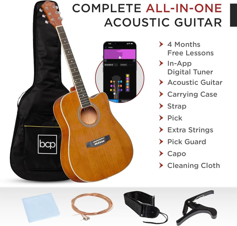 Best Choice Products 41in Beginner Acoustic Guitar Full Size All Wood Cutaway Guitar Starter Set w/Case, Strap, Capo, Strings, Picks - Natural Mahogany