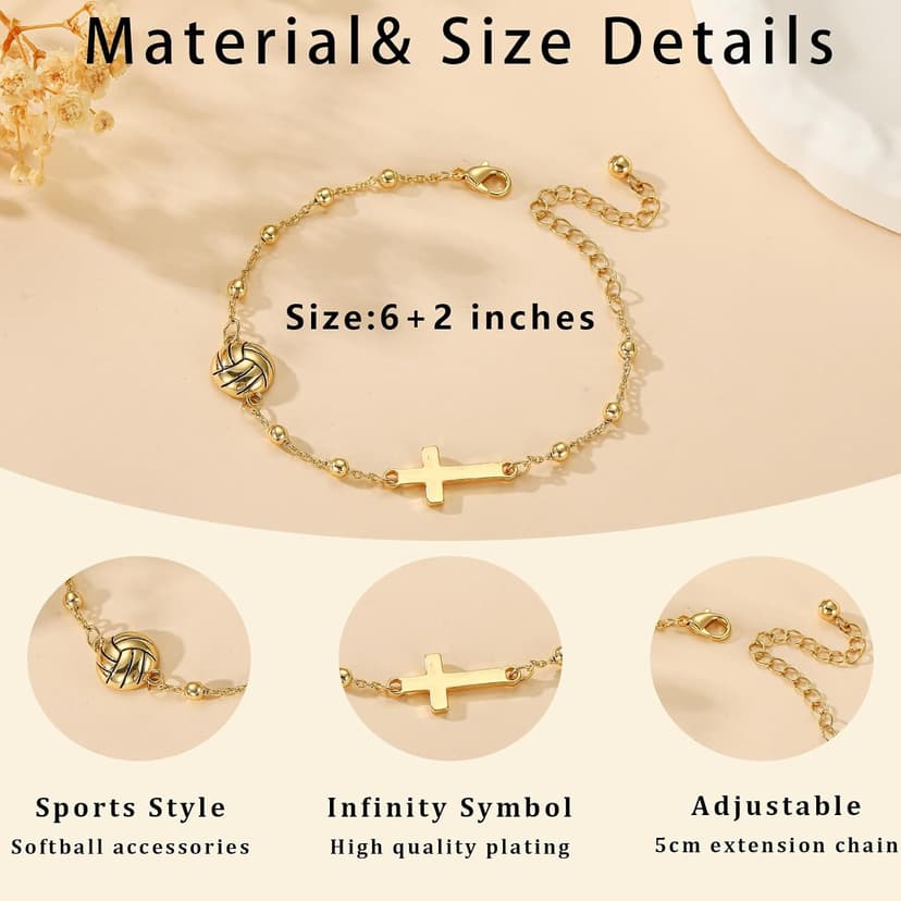 Softball/Volleyball/Soccer/Basketball Football Bracelet for Girls Women, 14K Gold Plated Cross Link Chain Sport Accessories Christian Jewelry Gifts for Teens Team Coach Players B0FSKVMR16