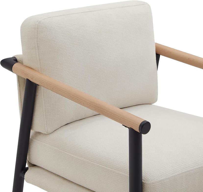 Watson & Whitely Mid Century Modern Barstools Set of 2, 26" H Upholstered Counter Height Bar Stools with Wood Armrests and Metal Legs, Fabric in Beige