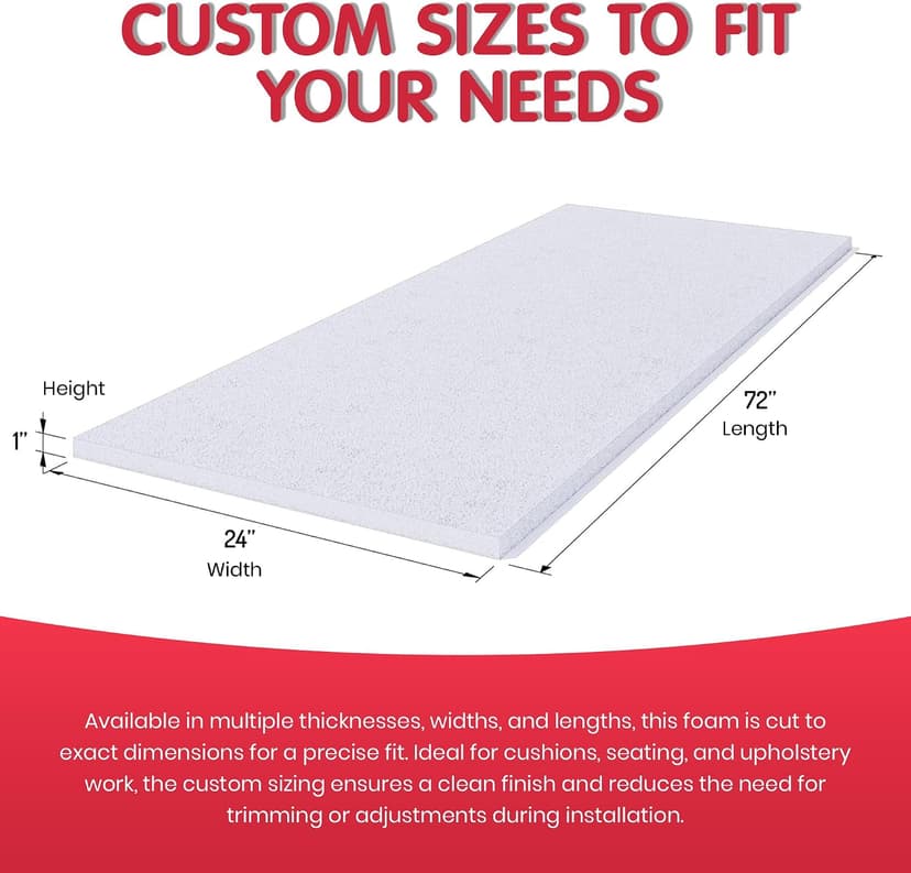 FOAMYFOAM High Density 3 inch Thick, 24 inch Wide, 72 inch Long Upholstery Foam, Cushion Replacement