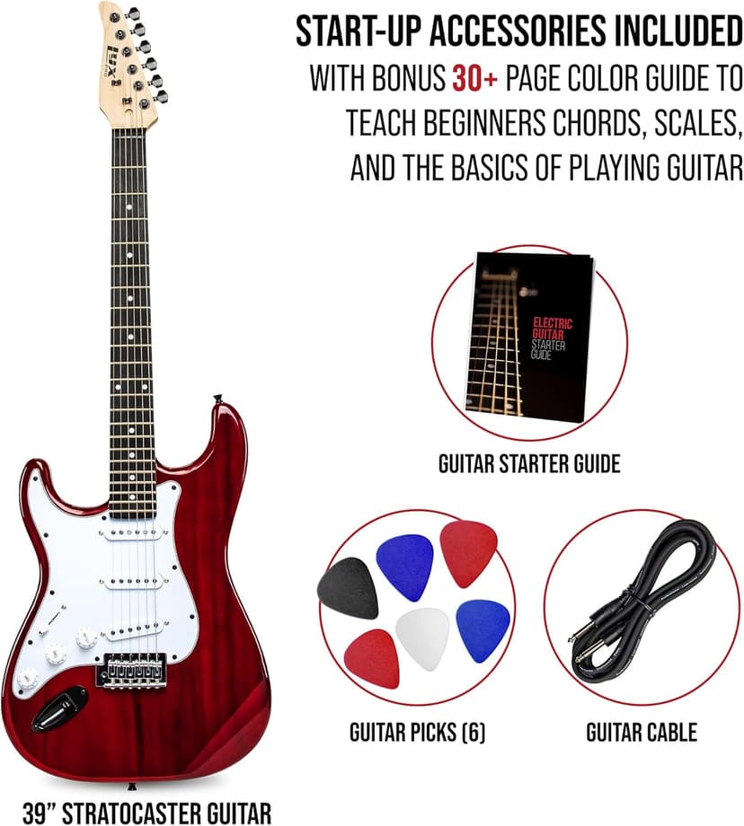 LyxPro CS 39” Left Hand Electric Guitar Kit for Beginner, Intermediate & Pro Players with Guitar, Amp Cable, 6 Picks & Learner’s Guide, Solid Wood Body, Volume/Tone Controls, 5-Way Pickup - Red