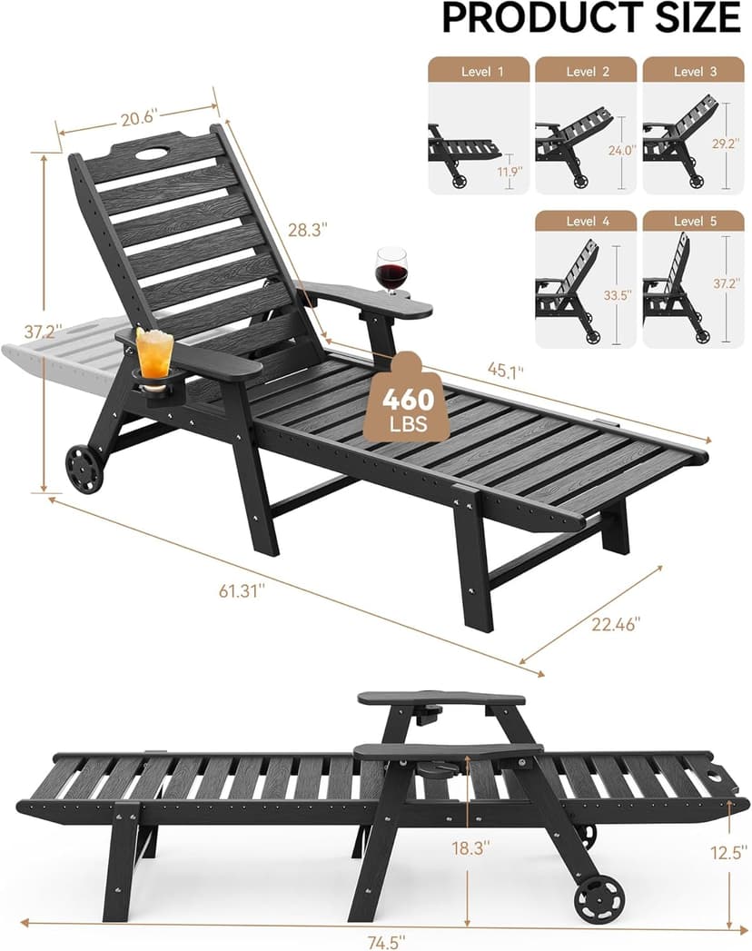 Carauci Lounge Chair Outdoor Set of 2, HDPE Chaise Lounge with Wheels, 5-Position Adjustable Backrest & 2 Cup Holders Patio Lounge Chair, All-Weather Pool Sun Lounger for Poolside, Backyard, Black