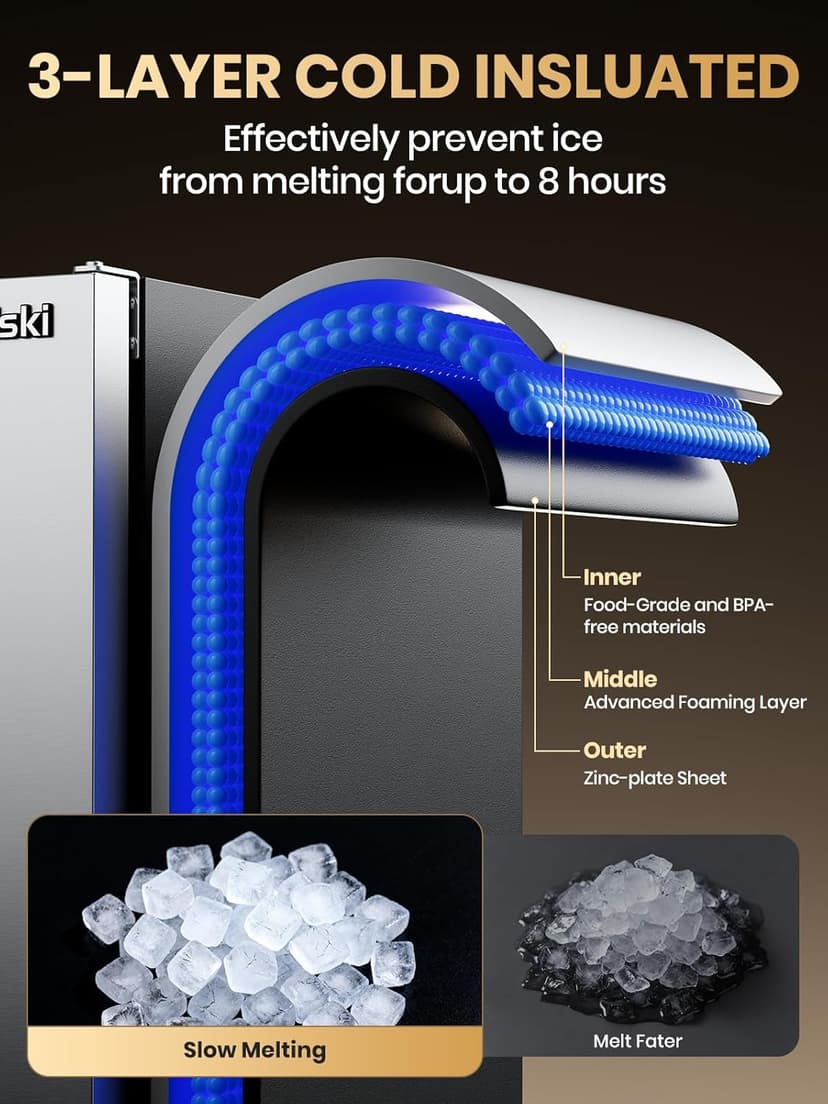 Coolski Commercial Nugget Ice Maker Machine, 100Lbs Daily Production, Under Counter Sonic Ice Machine with 20Lbs Dual Storage Bin, Pebble Pellet Ice Maker for Home, Office, Cafe, Gravity Drain