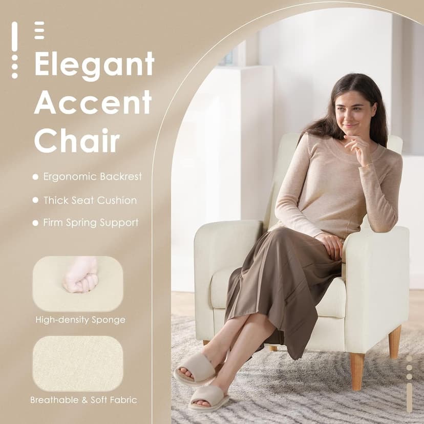 COLAMY Mid-Century Modern Upholstered Accent Chair with Back Pillow & Solid Wood Legs, Fabric Cozy Armchair for Living Room, Bedroom, Reading Nook, Apartment & Small Spaces, Beige