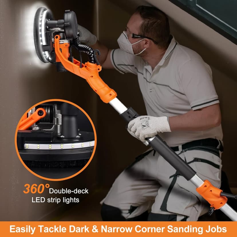 Drywall Sander, 1000W Popcorn Ceiling Removal Tool, Automatic Drywall Sander with Vacuum Dust Collection, LED Light, 6 Variable Speed 800-2200RPM, Foldable & Extendable Handle,15Pcs Sanding Discs