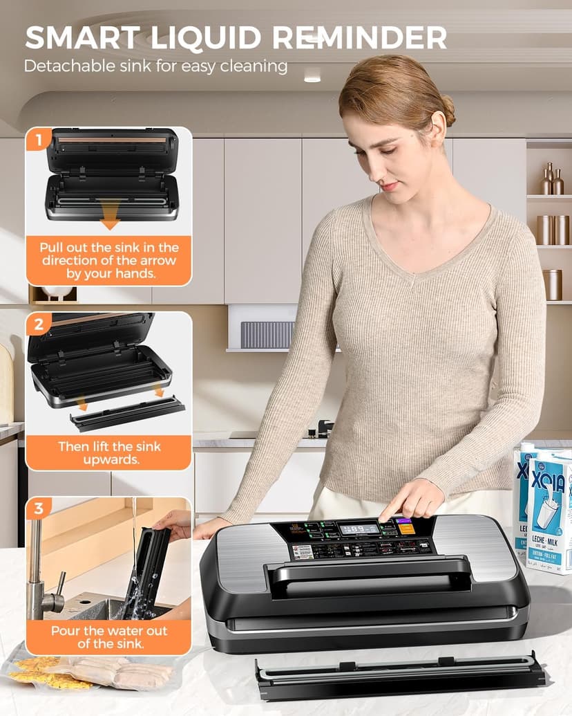 95KPA Commercial Vacuum Sealer Machine, Fully Automatic Food Sealer with Built-in Cutter for Sous Vide, Meal Prep - Includes 10 Pre-Cut Bags, Bag Rolls, Hose & Starter Kit Black Silver