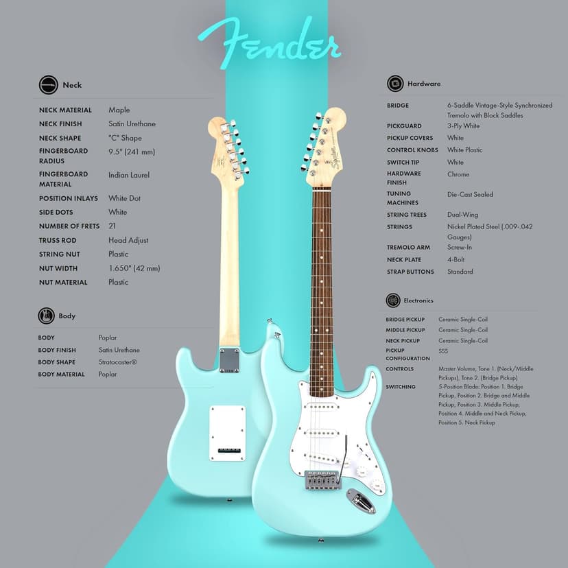 Fender Squier Stratocaster Electric Guitar - Daphne Blue Bundle with Amplifier, Gig Bag, Cable, Strap, Picks, and Austin Bazaar Instructional Video