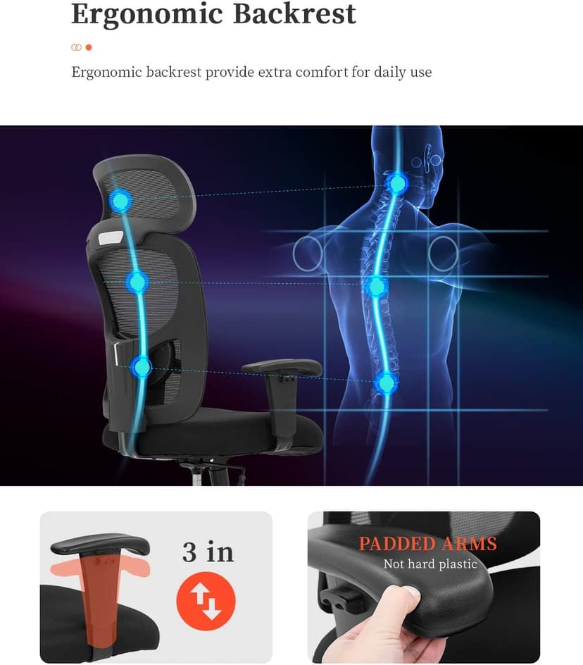 Big and Tall Office Chair Ergonomic Chair 400lbs Wide Seat Executive Desk Chair with Lumbar Support Adjustable Armrest Headrest High Back Mesh Computer Chair Rolling Swivel Task Chair(Black)