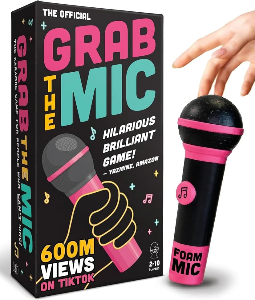 Lucky Egg Official Grab The Mic – Family Karaoke Board Game w/Foam Mic, 8+ Ages, 2-10 Players - Games for Bad Singers w/ 230 Lyrics (115 Cards)