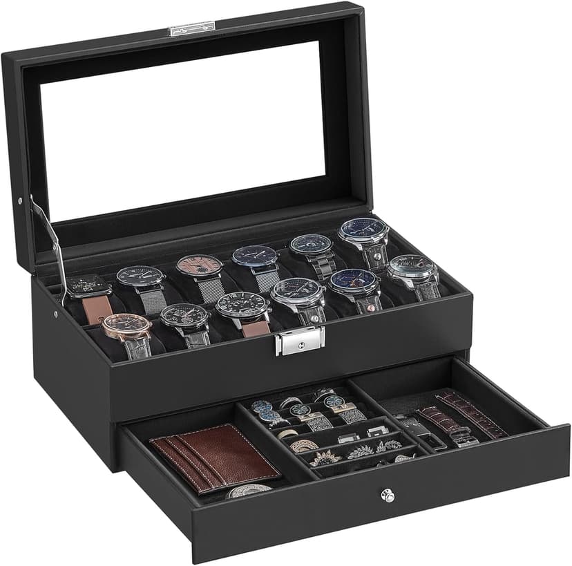 SONGMICS Watch Box, 12-Slot Watch Case Organizer with Large Glass Lid, 2 Layers, Removable Pillows, Metal Lock, Gift for Loved Ones, Black Synthetic Leather, Black Lining UJWB012B03