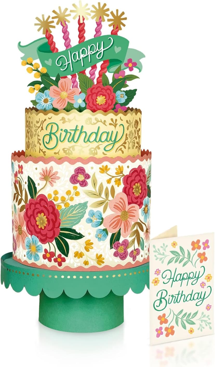 Freshcut Paper Pop Up Birthday Card for Women, Blooming Birthday Cake, 12 Inch Life Sized Tiered Cake, 3D Popup Greeting Cards with Blank Notecard & Envelope