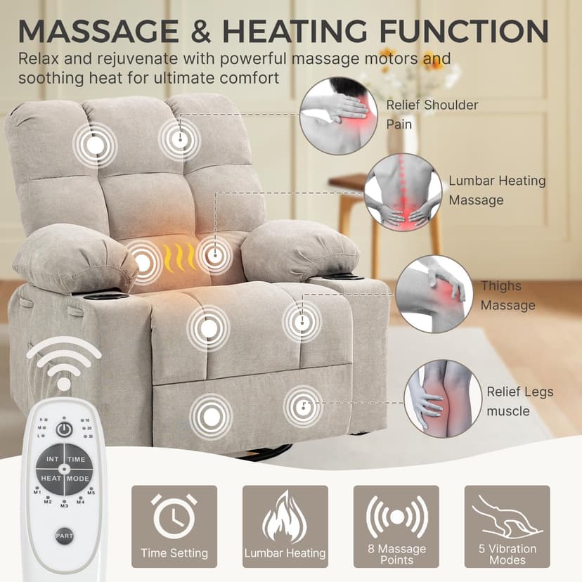 Quiet Massage Recliner Chair with Heat, 360 Swivel Rocker Glider for Nursing, Back Pain Relief, Manual Overstuffed Single Sofa with Cup Holders & Side Pockets, Oatmeal Gray