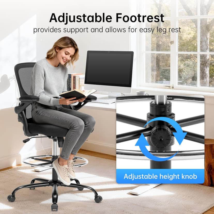Drafting Chair Ergonomic Comuputer Standing Desk Chair with Flip-Up Arms and Lumbar Support, Tall Office Chair with Adjustable Footrest, Stool Counter Height Office Chairs Black