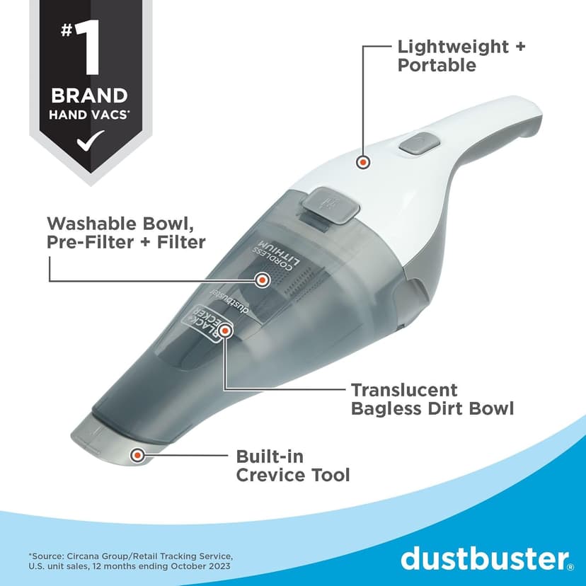 BLACK+DECKER dustbuster Cordless Handheld Vacuum, Portable Car Vacuum Cordless Rechargeable, Wall Mount, Strong Suction QuickClean (HNVC215B10)