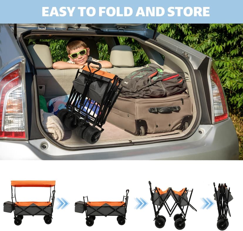 480Lbs Collapsible Wagon with Canopy Steel Orange Large Capacity Mosquito Net Camping Shopping Sports Garden Outdoor-Ready