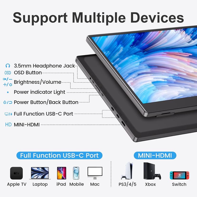 UFYQL Portable Monitor 15.6-inch FHD 1080P Ultra-Slim Travel External Monitor HDR IPS Gaming Display with Kickstand &Speakers USB-C HDMI Plug&Play,for Laptop PC Phone PS4/5 Xbox Switch