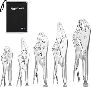 Amazon Basics 5-Piece CR-V Locking Pliers Set with Wire Cutters, 2 Straight Jaw, 3 Curved Jaw, 6.5-10 inch, Silver, Carrying Case