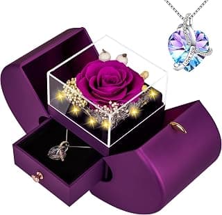 Preserved Real Purple Rose with l Love You Necklace -Birthday Gifts for Women Mom Her Wife Girlfriend Grandma on Valentines Mothers Day Christmas Anniversary Romantic-Purple B0DY7V1RKB