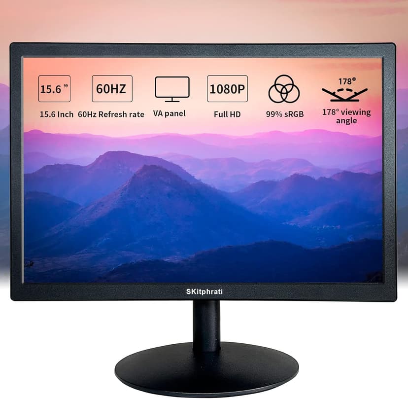 SKitphrati 15.6 Inch Small PC Monitor, FHD VA 1080P Desktop Display with 1920x1080 99% sRGB HDMI VGA Ports, 2 Hole Mounting, LED Monitor for PC, Laptop and Computer, Black