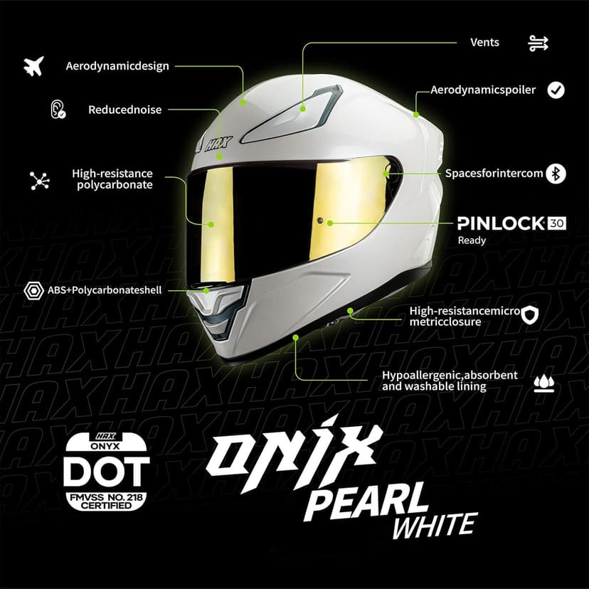 HAX Onix Full Face Motorcycle Helmets DOT Approved, Pinlock Ready & Intercom Slot , Motorbike Powersports Street Racing for Men Women（Pearl White, L)