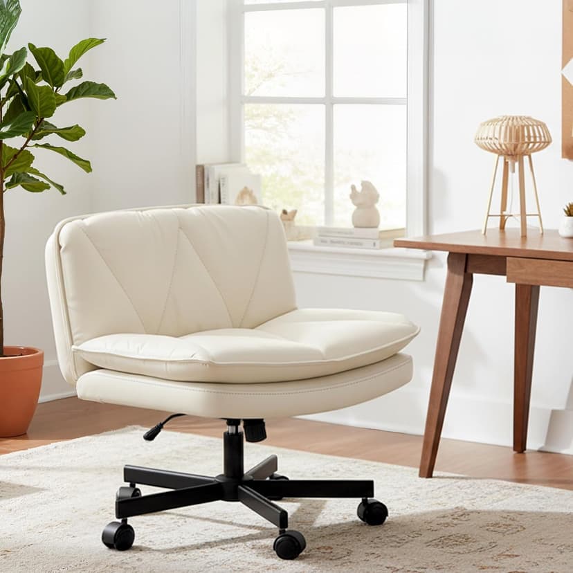 DurayLoly Criss Cross Chair with Wheels, Cross Legged Office Chair, Armless Wide Vanity Desk Chair with 2 Layer Scratch-Resistant Pu Leather Swivel for Home Office Bedroom,Beige