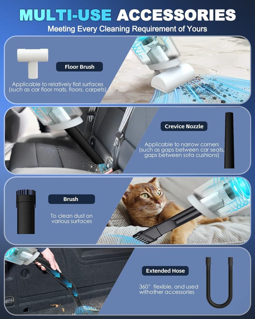 EABOSON Handheld Vacuum Cordless, 16000PA High Power Suction Hand Held Car Vacuum Cleaner Portable with Washable Filter & Multi Accessories, Rechargeable Dust Busters for Car Home Office and Pet Hair