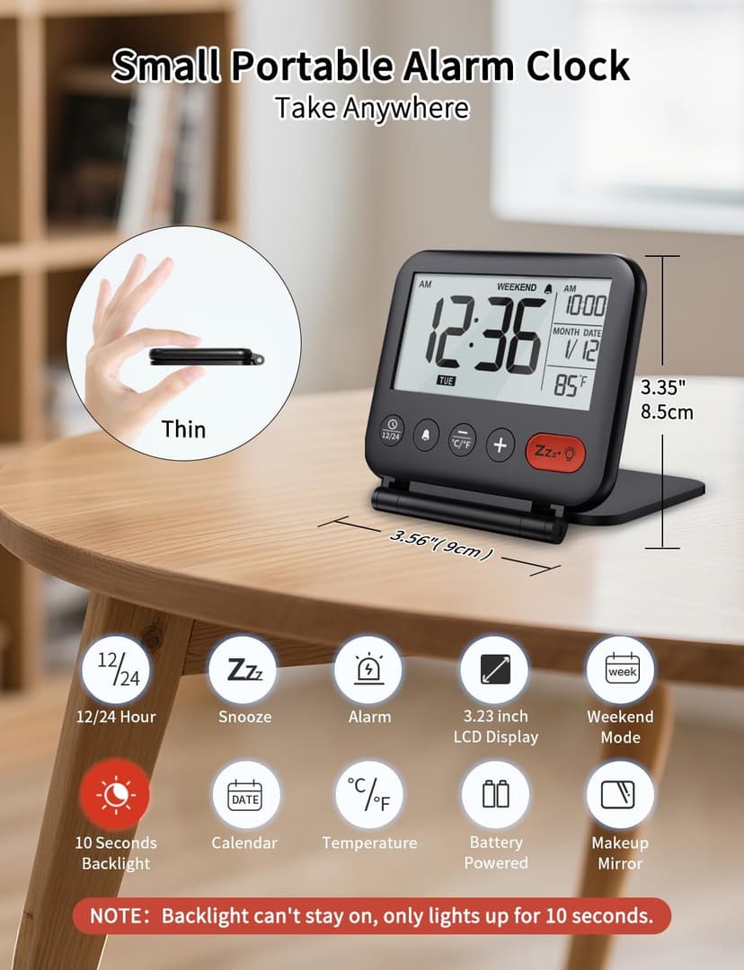NOKLEAD Digital Travel Alarm Clock for Bedroom Office: Small LCD Desk Clock with Backlight Date Temperature Snooze 12/24H Weekend Mode and Mirror, Battery Powered Folding Bedside Clock for Adult Kids