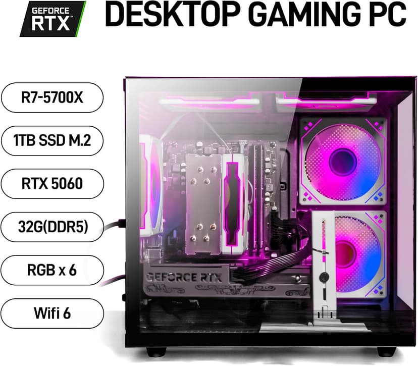 WIWB Gaming PC Desktop Ryzen 7 5700X, GeForce RTX 5060, 32G DDR4 RAM, 1TB NVME SSD, Prebuilt Tower Computer for Gaming, Home VR (Black)