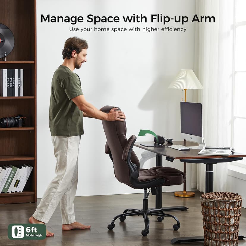 amseatec Office Chair, Executive PU Leather Chair, Ergonomic Computer Desk Chair with Lumbar Support and Adjustable Flip-Up Arms, Rocking Task Chair (Brow