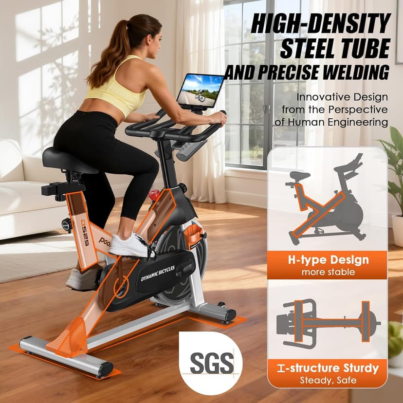 POOBOO Magnetic Exercise Bike, Quiet Stationary Bike with App and 350lbs Weight Capacity, Indoor Cycling Bike with LCD Monitor and Tablet Holder, Heavy Duty Workout Bike for Home Gym Weight Loss Fitness Bike, Adjustable Magnetic Resistance Silent Belt Driver,