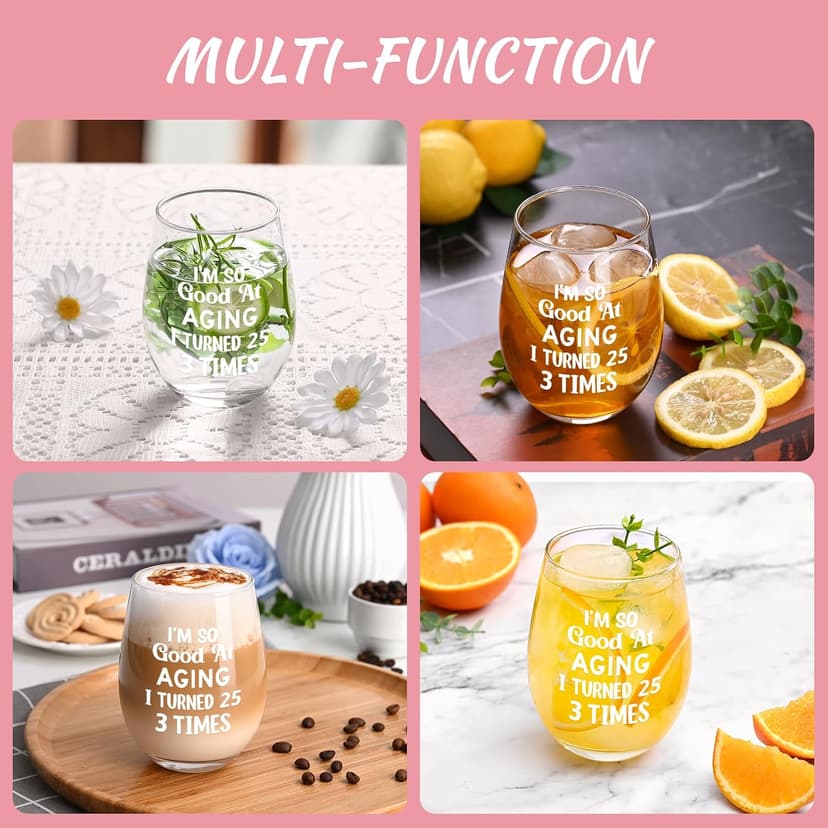Futtumy 75th Birthday Gifts for Women, Turned 25 3 Times Wine Glass, Gifts for 75th Birthday Women Mom Grandma Wife Daughter Sister Friend Aunt Female, Funny 75th Birthday Decoration for Her, 17oz B0GKP1QFRF
