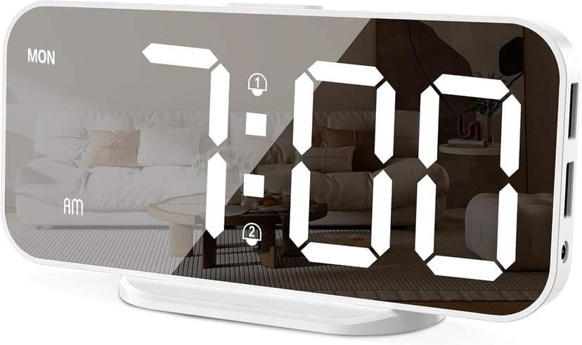 Alarm Clocks for Bedrooms, Slim LED Mirror Digital Alarm Clock, Large Display with Diming Mode, Dual Alarms & USB Ports, 4 Levels Brightness, Desk Clock for Office Home Bedroom Living Room Decor