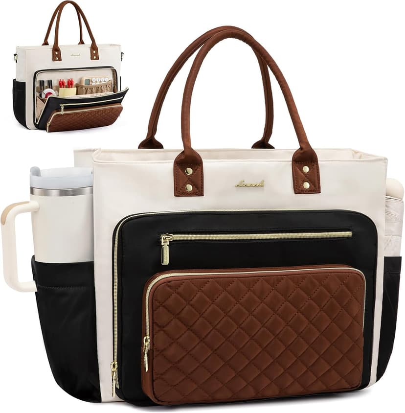 LOVEVOOK Teacher Tote Bag for Women Work, Laptop Bag With Large Cup Holder, Nurse Bags Professional Briefcase Business Computer Purses Bible Handbag Gifts, Black-Beige-Brown, 15.6 Inch B0DTDWKCCF
