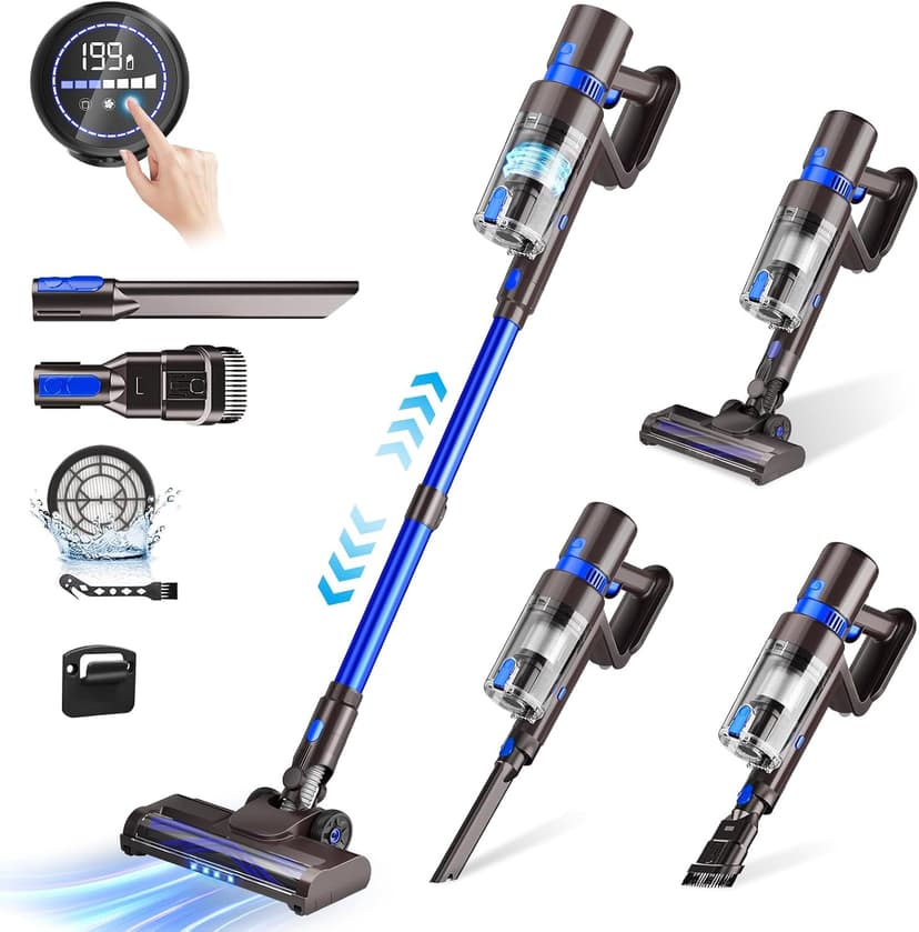 Cordless Vacuum Cleaner, 550W 45KPA 50Min Vacuum Cleaners for Home, Self-Standing Stick Vacuum with Touch Screen, 3 Power Modes, Rechargeable Battery, Handheld Vacuum for Pet Hair Carpet Floor
