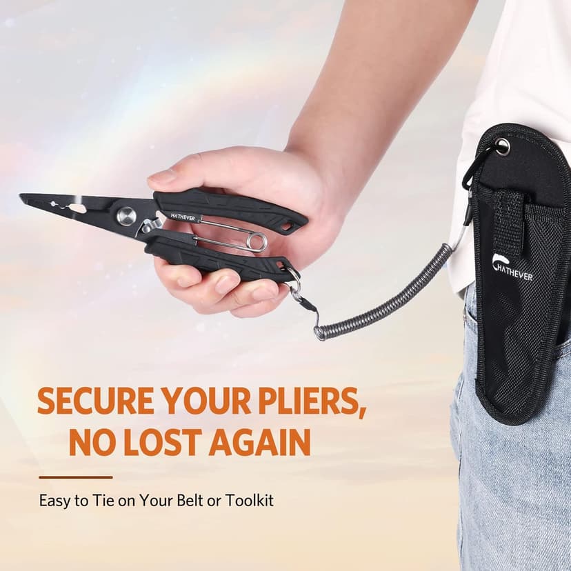 Hathever Saltwater Fishing Pliers, Split Ring Pliers for Fishing with Safety Lock, Fish Pliers with Sheath and Lanyard, Fishing Gifts for Men