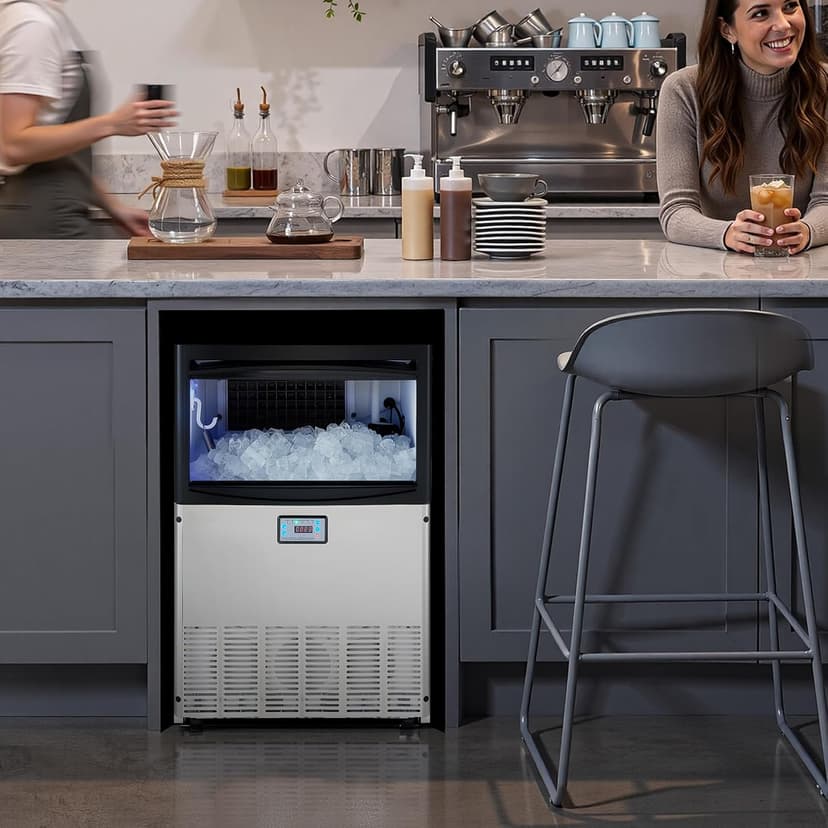 VEVOR Commercial Ice Maker Machine, 200 lbs/24h with 50 lbs Storage Capacity, Built-in/Freestanding/Under Counter, Stainless Steel Ice Maker with LED Display & Self-Cleaning, for Home Bar Restaurant