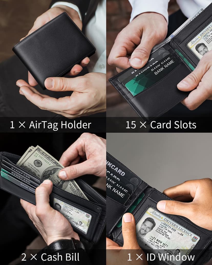 Serovi Mens Genuine Leather Bifold RFID Blocking Wallet with 14 Card Slots, ID Window & 2 Cash Pocket - Includes Gift Box