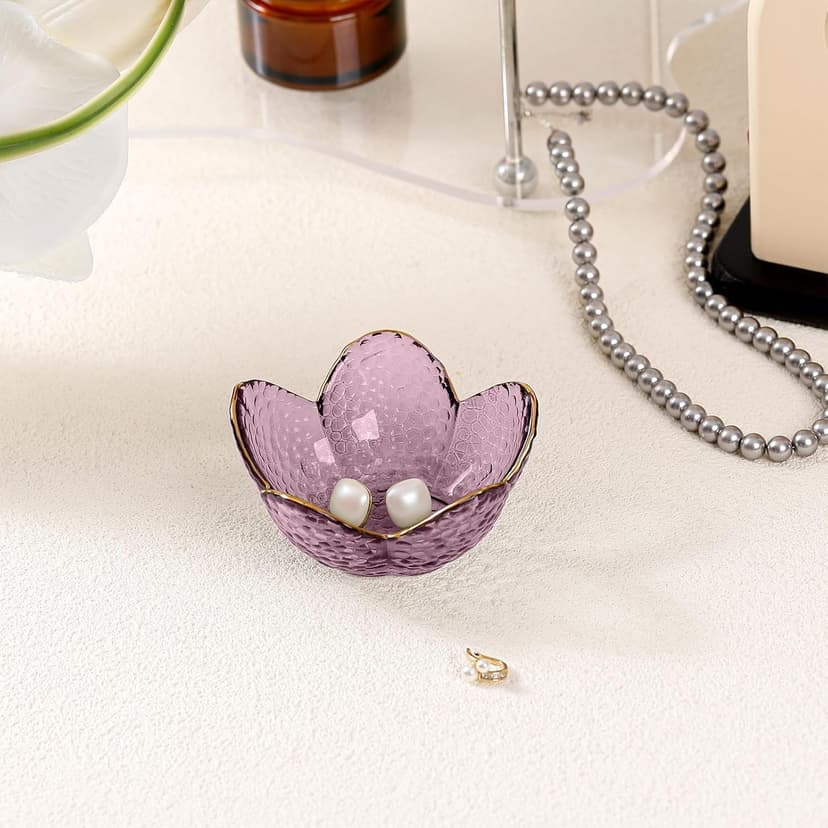 Purple Flower Jewelry Dish Glass Ring Dish Jewelry Tray Cute Vanity Organiser Room Decor Aesthetic Nightstand Bathroom Decor Trinket Dish Ring Holder Valentine's Friendship Birthday Gifts for Women
