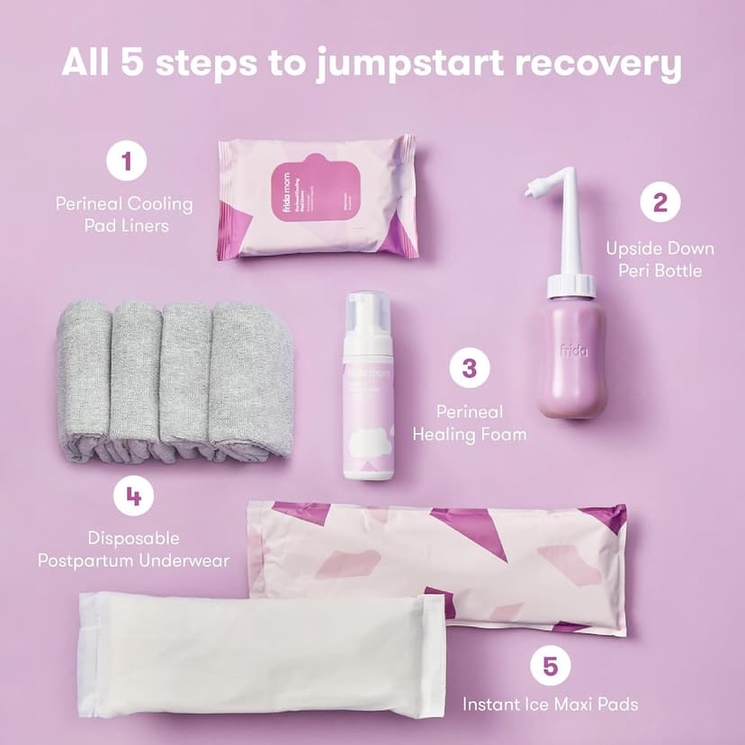 Frida Mom 11pc Postpartum Essentials Kit Gift Set, Hospital Bag Must Haves for New Mom, Includes 4 Disposable Postpartum Underwear, 4 Ice Maxi Pads, Perineal Healing Foam & 24 Pad Liners & Peri Bottle