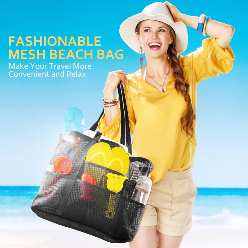 SRISE Mesh Beach Bag - Large Beach Tote Bag for Family Beach Bag for Toys & Vacation Essentials