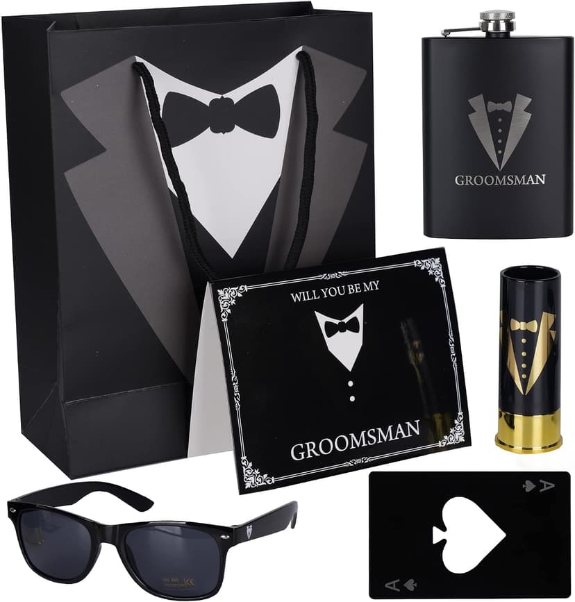 6 Pieces Groomsmen Gifts Set : 1 Pcs 8oz Stainless Steel Tuxedo Flask 1 Pcs Poker Bottle Cap Opener 1 Pcs Groomsmen Gauge Glasses 1 Pcs Sunglasses 1 Pcs Card 1 Pcs Groomsmen Gift Bags for Wedding B0C2Y9C42C